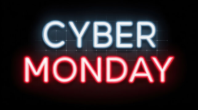 Cyber Monday glowing neon sign with bright blue and red colors on black background, festive and vibrant sale promotion design