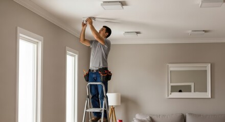 Man with Tool Belt on a Stepladder Installing a Square LED Ceiling Light in a Home.
