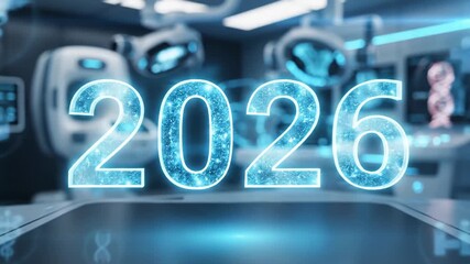 futuristic medical lab hologram 2026, sterile blue operating room with robotic arms, dna helix visuals, floating diagnostics icons, touch consoles, particle field rising from surgical table, clinical. - Powered by Adobe