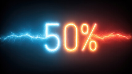 50 percent discount glowing neon number with electric lightning effect on dark background for sale promotion