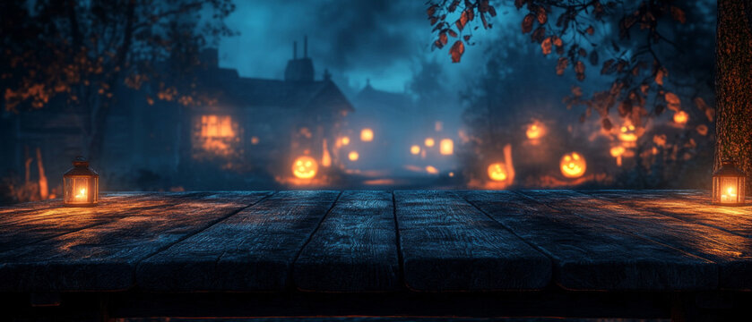 A mysterious house in a night-time forest, illuminated by lanterns and pumpkin lamps, creates a mystical atmosphere, perfectly complementing the backdrop for themed parties or art projects.