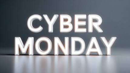 Cyber Monday glowing white letters on reflective surface with dark background, high tech sale concept for online shopping excitement