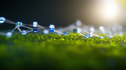 A close-up view of interconnected nodes creating a digital network over a green surface, symbolizing innovation and connectivity.