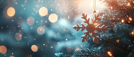 The sparkling snow ornament on a fir branch under the glitter of festive lights creates a magical winter atmosphere, ideal for a New Year's atmospheric background in advertising or postcards.