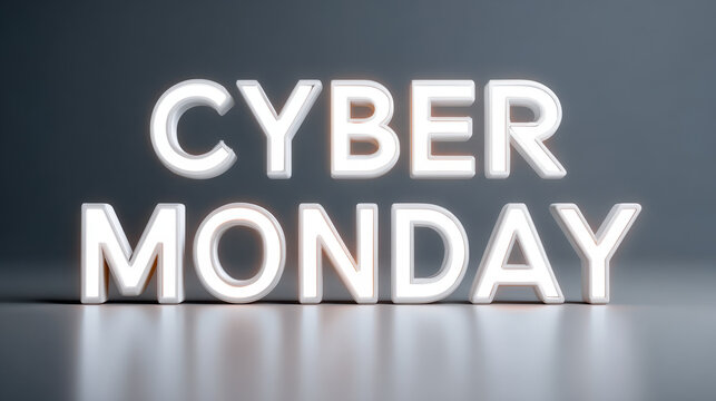 Cyber Monday glowing white letters on reflective surface with dark background, high tech sale concept for online shopping excitement