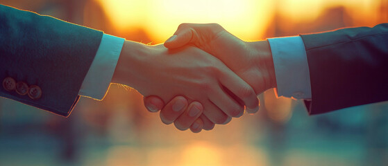 A powerful handshake at sunset symbolises trust and partnership, providing an expressive backdrop for corporate events or business websites.