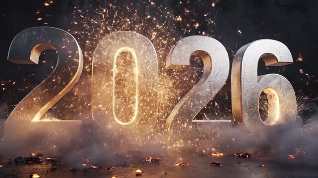 massive metallic 2026 numbers erupting with sparks and smoke, pyrotechnician action sends embers across dark stage, cinematic glow and fiery reflections evoke dramatic new year celebration.