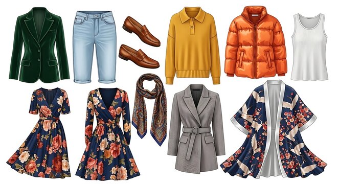 Fashionable Apparel Collection Displaying Contemporary Style Choices and Various Outfit Options - Powered by Adobe