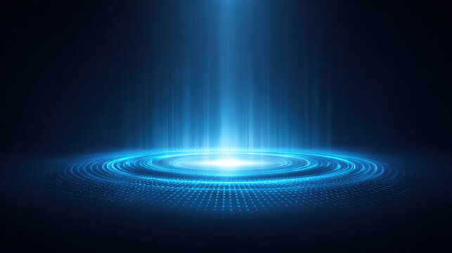 Futuristic glowing blue digital circle with light beams and holographic effect on dark background, creating modern cyber technology vibe