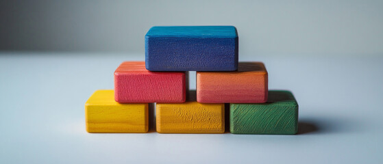 Coloured wooden blocks in the shape of a pyramid emphasise creativity, serving as the main backdrop for children's educational materials and design projects.