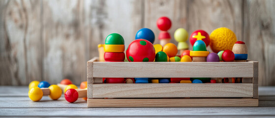 A wooden box filled with colourful toys and balls on a table symbolises children's creativity and joy, making it ideal for creating an atmospheric backdrop in advertisements for educational games.