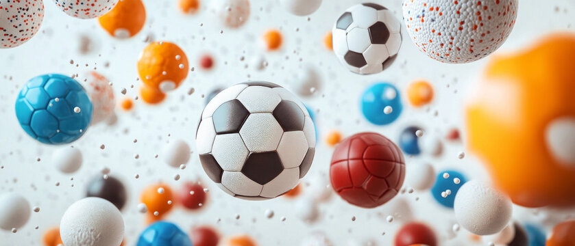 Multicoloured footballs floating weightlessly among bubbles and balls symbolise the energy of sport, making them ideal for use as a backdrop in promotional materials for sporting events.