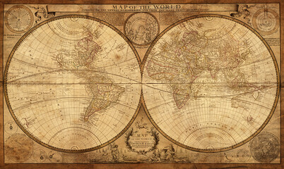 Antique world map collage with vintage paper texture, artistic digital image inspired by old cartography of the 18 century. Old geographical map collage.