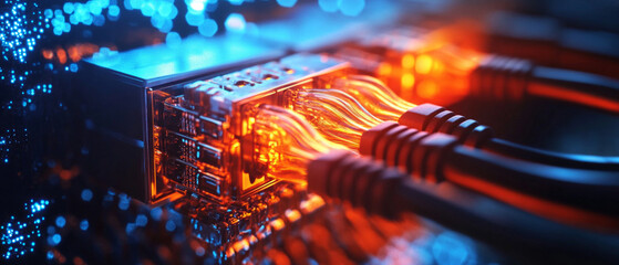 Modern fibre optic cables are connected to high-tech equipment, symbolising innovation in digital infrastructure, ideal for atmospheric backgrounds on themed websites about technology and the future.