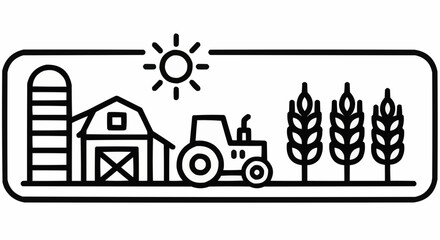 Vibrant farm scene with a tractor, barn, silo, and wheat under a bright sun, celebrating agricultural life and harvest