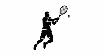 Dynamic tennis player captures ball mid-air with powerful swing, showcasing athletic skill and competitive spirit for sports enthusiasts.