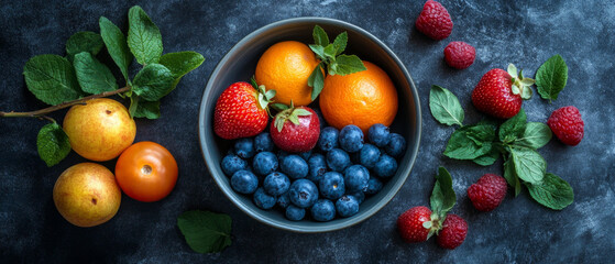 Fresh fruit and berries in a dark bowl against a green background symbolise health and are the perfect culinary backdrop for recipes or healthy eating advertisements.