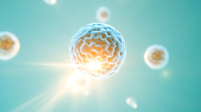 A close-up view of vibrant cells illuminated with soft light, showcasing their intricate structures and dynamic processes.