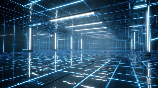 A futuristic, grid-patterned interior with glowing neon lights and reflective surfaces. The design gives a sense of advanced technology.