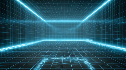 Neon futuristic grid room with bright blue lights and digital display