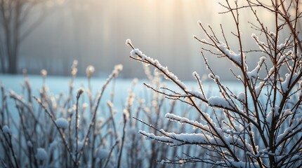 Fototapeta premium Frost-covered branches glistening in the soft morning light, creating a tranquil winter landscape 