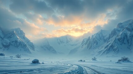 Majestic winter mountain landscape with a winding snow-covered path and dramatic clouds during sunrise