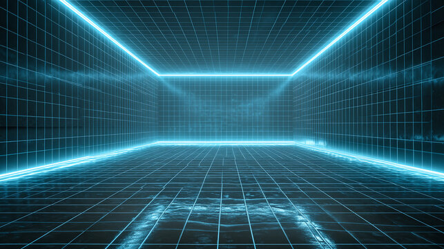 Neon futuristic grid room with bright blue lights and digital display