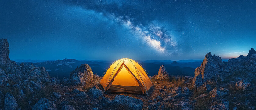 A solitary tent under the starry sky and the Milky Way among mountain peaks will be an exciting backdrop for adventure or astronomy themes.