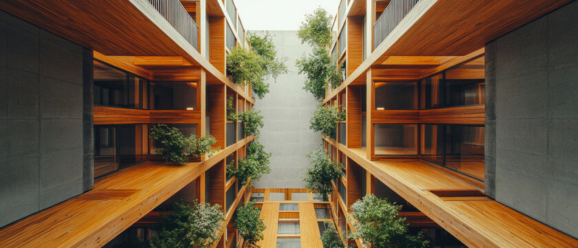 A modern architectural corridor with wooden balconies and greenery emphasises the harmony between nature and design, ideal as an atmospheric backdrop for presentations of eco-projects.
