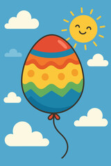 Colorful illustration of a balloon shaped like an Easter egg floating in the sky with a smiling sun.
