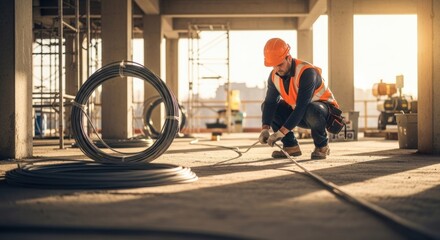 Fototapeta premium Electrician in Hard Hat and Safety Vest Kneeling to Lay Heavy Duty Cable at a Construction Site.