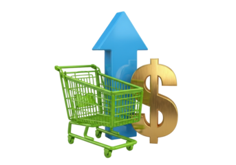 Green shopping cart with blue arrow and gold dollar sign isolated PNG, symbolizing rising prices and inflation on transparent background