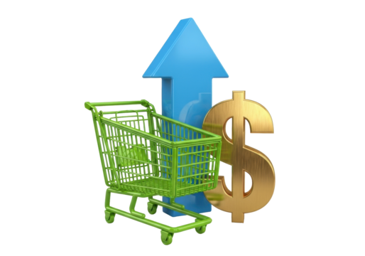 Green shopping cart with blue arrow and gold dollar sign isolated PNG, symbolizing rising prices and inflation on transparent background
