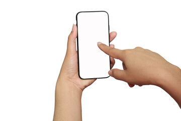 ,Woman's Hand Holding Frameless Smartphone With White Screen. Isolated,Hand holding black smartphone on white screen , isolated white background