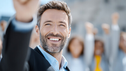 A confident businessman smiles while raising his fist in celebration, surrounded by a supportive crowd, embodying teamwork and success.