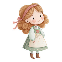 Watercolor cute farm girl in green dress illustration