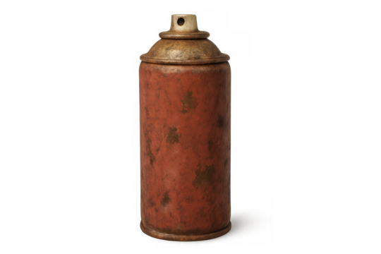 Used red spray paint can showing rust and wear, depicting urban art, graffiti, and street culture on transparent background