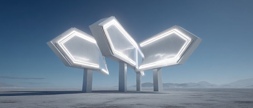 Three Illuminated Abstract Structures in Barren Landscape