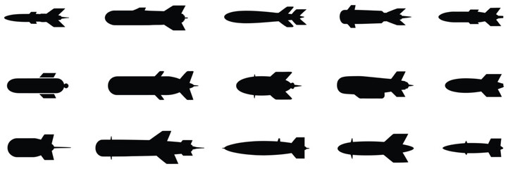 Guided missiles and ballistic rockets with boosters, designed for apps and websites, UI design, defense illustrations, aerospace interfaces, and technical graphics.