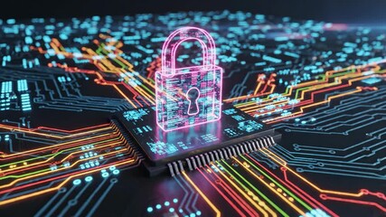 Cybersecurity concept of digital data protection and network security with glowing padlock icon on computer chip and circuit board - Powered by Adobe