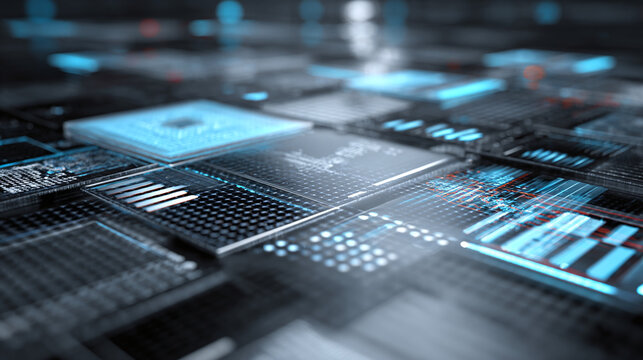 Close-up view of a high-tech circuit board with blue accents, showcasing a complex arrangement of electronic components