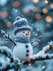 Charming Snowman: Whimsical Winter Scene with Soft Lights and Snowflakes
