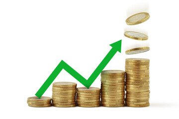 Stack of coins with green raising arrow - Money growth concept