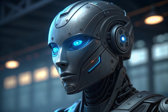Futuristic blue robot cyborg helmet head with technology screen on a dark background for science and fashion