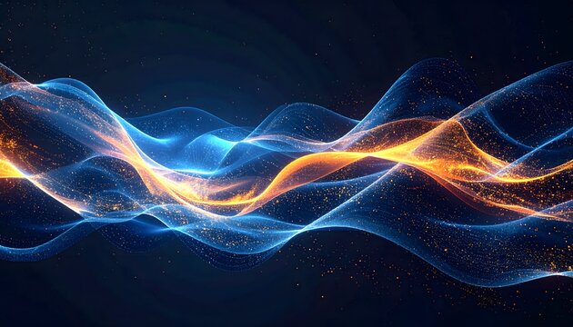 Abstract digital wave mesh flowing across a dark background, highlighted by glowing blue and orange particles. Represents data, technology, and communication. - Powered by Adobe