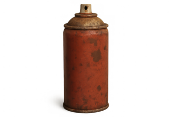 Old rusty red spray paint can showing wear and tear on a transparent background, concept of art, decay, and urban culture