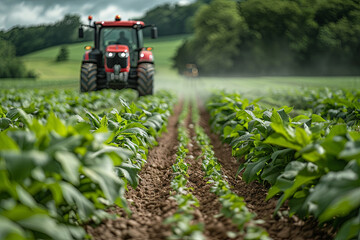 Fototapeta premium Red Tractor Cultivating Healthy Crop Rows