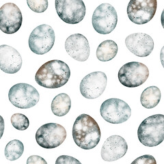 Seamless pattern with quail eggs. Hand-drawn watercolor design for wrapping, textile, and wallpaper. Organic food and Easter decoration element.