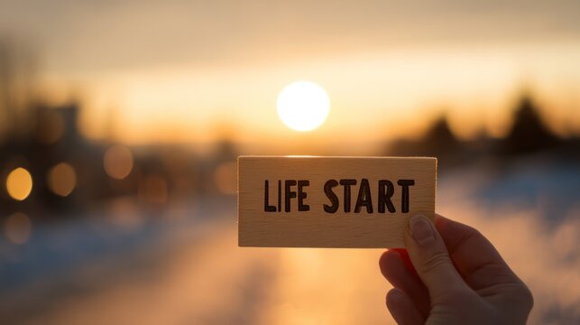 New Beginning: A person's hand holds a sign with LIFE START written on it. The sign is set against a serene backdrop of the setting sun, where the horizon meets the sky, creating a beautiful start.