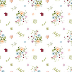 Seamless floral watercolor pattern for textile, fabric, wallpaper, or wrapping design. Botanical background with small flowers and foliage illustration.